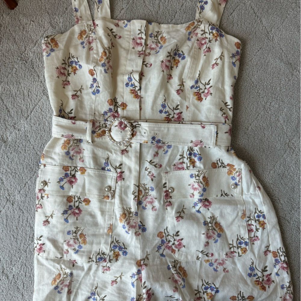 House of Harlow 1960 linen floral romper with pearl belt detail buckle sz 12 - Picture 3 of 12